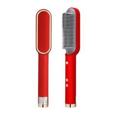 【Newest arrival】Multifunctional Hair Straightener Brush 2 In 1 Heating Curler Straightener Comb Styler Hair Straightning Iron Beard Straightener Red as picture