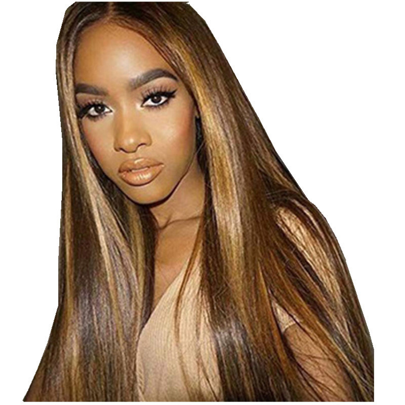 【READY STOCK】Wig Women's Highlights Long Straight Hair Middle Parted Bangs Waist-Length Gradient Head Cover