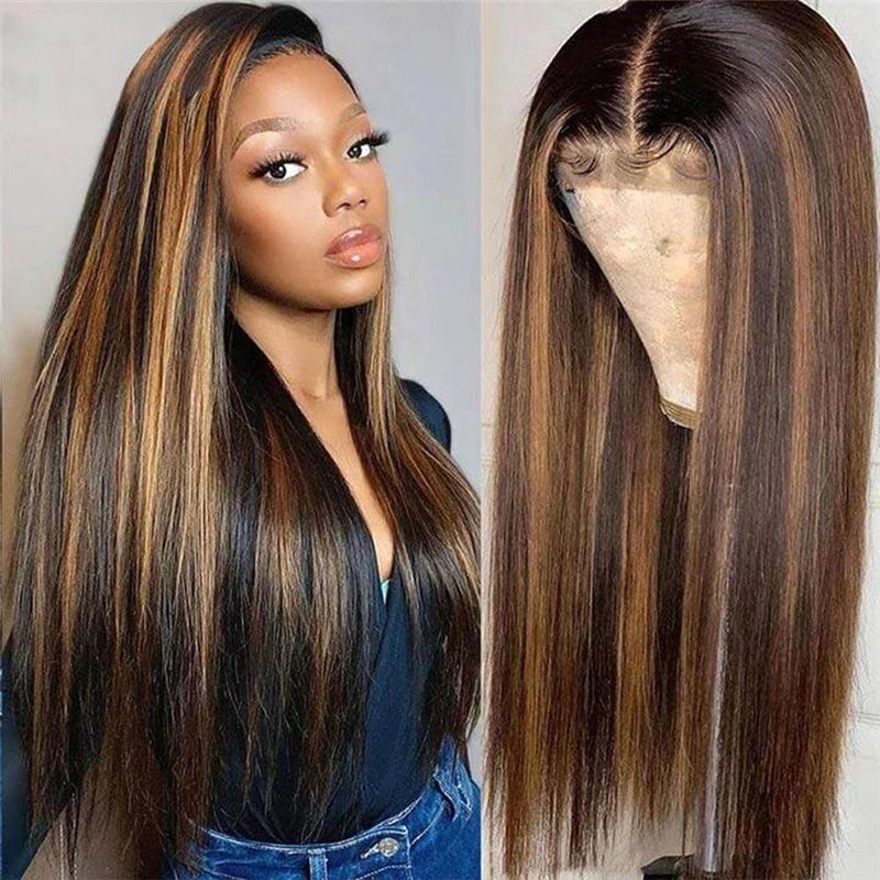 【READY STOCK】Wig Women's Highlights Long Straight Hair Middle Parted Bangs Waist-Length Gradient Head Cover