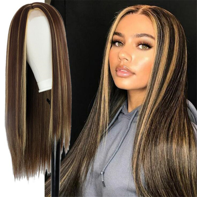 【READY STOCK】Wig Women's Highlights Long Straight Hair Middle Parted Bangs Waist-Length Gradient Head Cover