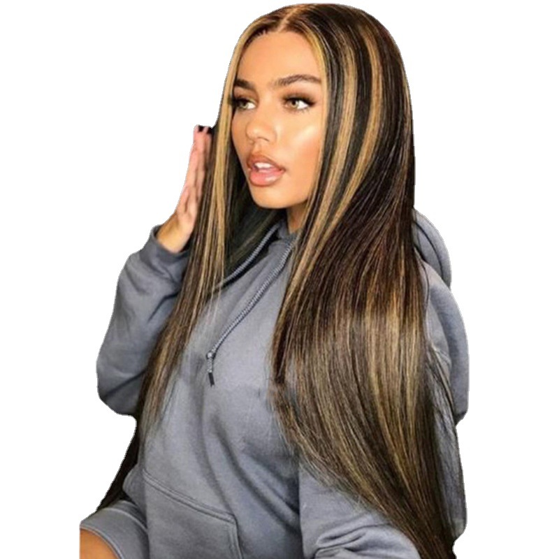 【READY STOCK】Wig Women's Highlights Long Straight Hair Middle Parted Bangs Waist-Length Gradient Head Cover