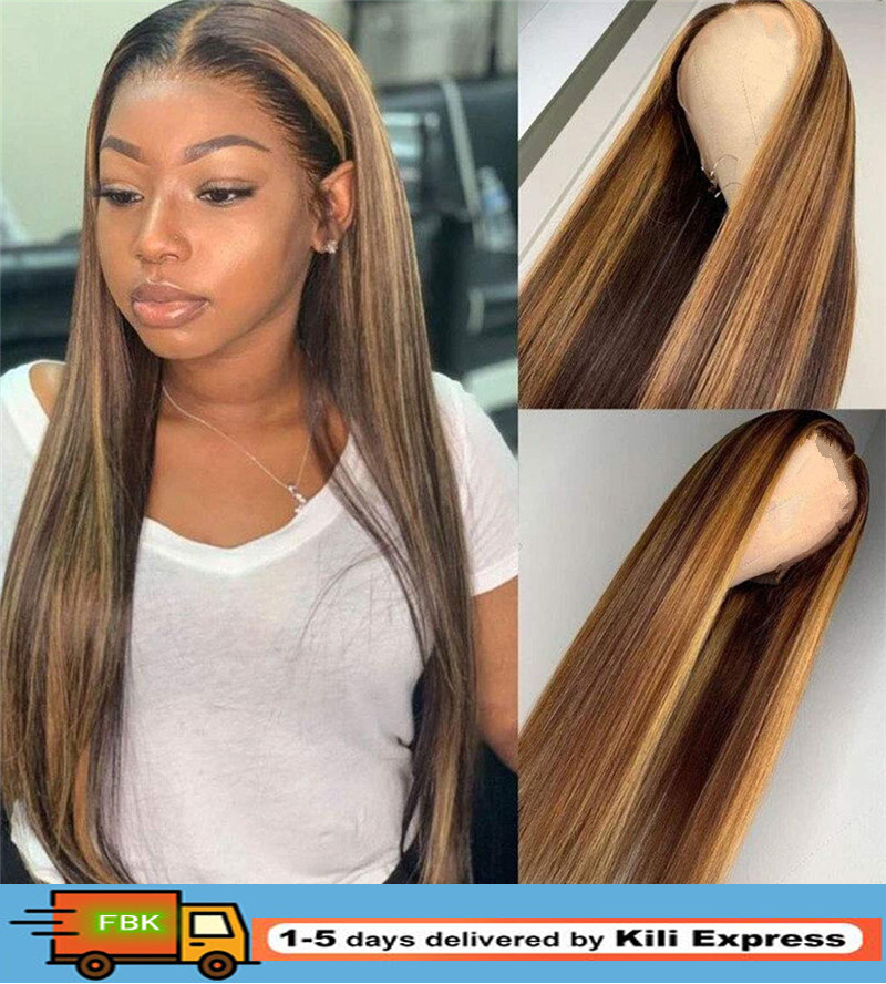 【READY STOCK】Wig Women's Highlights Long Straight Hair Middle Parted Bangs Waist-Length Gradient Head Cover