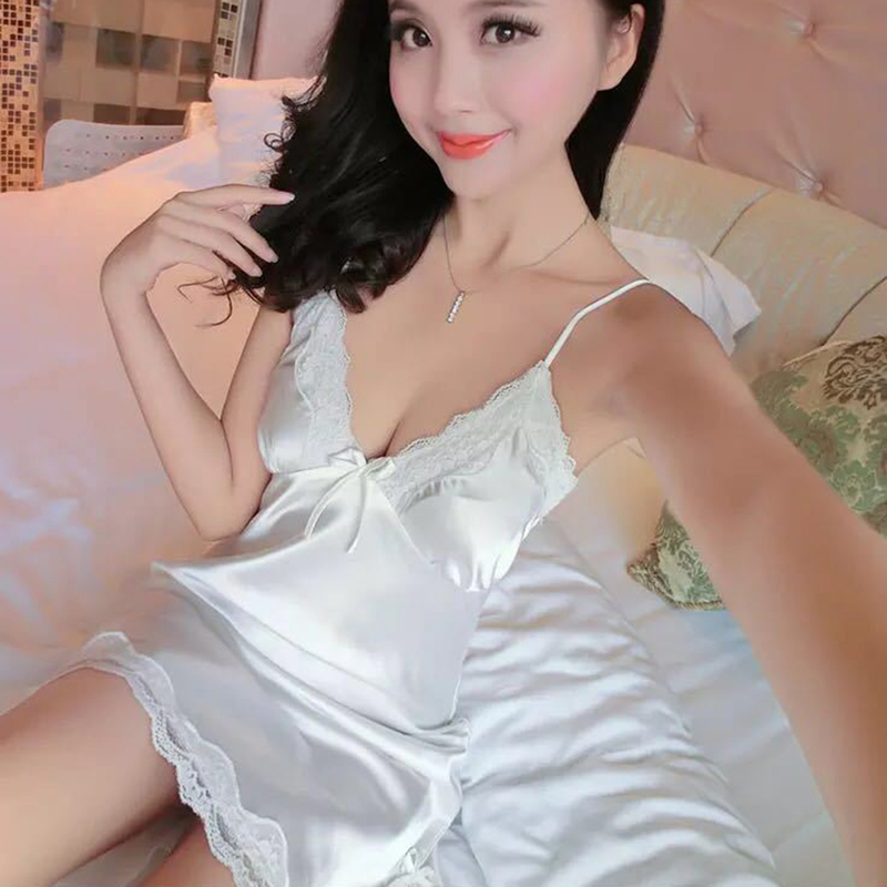 【wholesale prices】Lace V Neck Lingerie Dresses Women Night Dress Satin Sleepwear Lace Up Sleepwear Sleeveless Night Gown Bathrobe Nightdress