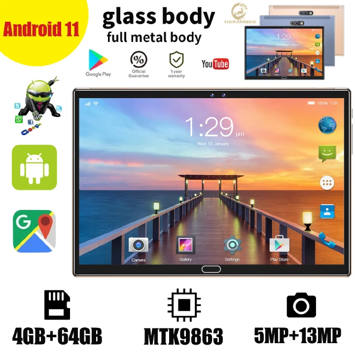 Harambee 2022 New Android pad HD 10.1 inch tablet 4+64GB Eight core Dual camera Wifi intelligent learning office tablet 5g call WiFi Bluetooth