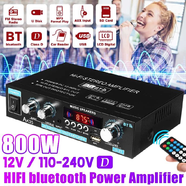 AK35  800w Home Amplifier Digital Audio 110-240v Bass Audio Amplifier Bluetooth Hi-Fi FM Car Music Subwoofer Speaker