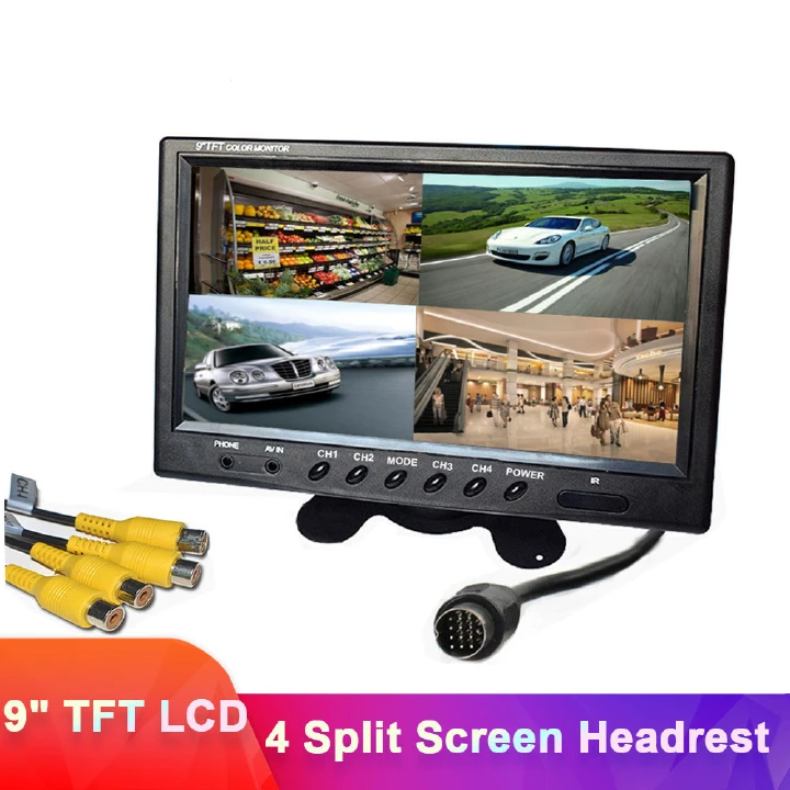 9 inch 4 split screen car monitor 12v/24v headrest rear view monitor with rca connector