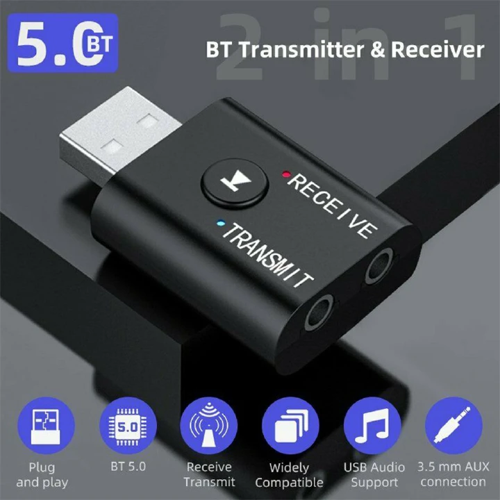 Bluetooth Receiver 5.0 Transmitter 2 in 1 Wireless Audio AUX 3.5mm Adapter USB Music Dongle Adapter For Car Speaker PC