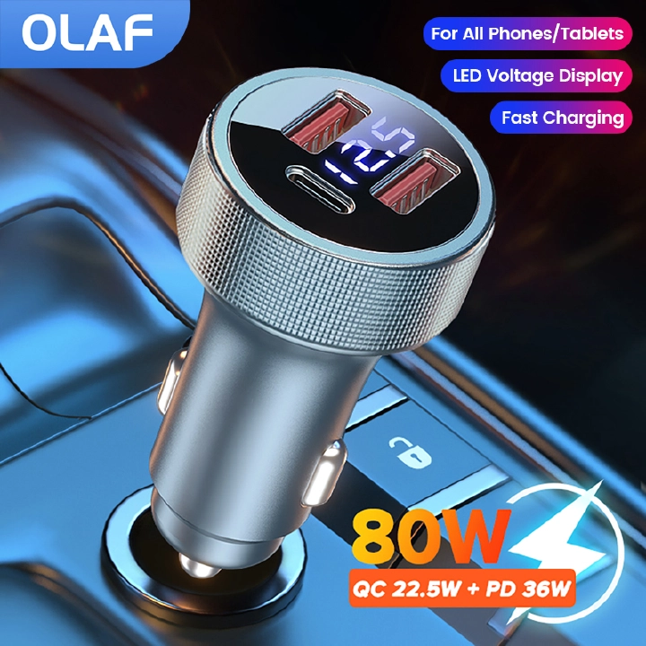 Olaf 80W Car Charger 3 Port Fast Charging For iPhone Xiaomi Samsung iPad Laptops Tablet Dual USB PD USB Type C Car Phone Charger