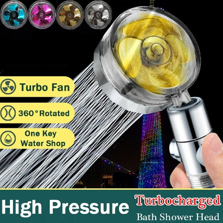 Hand-held Turbo Propeller Shower Head Water Saving High Preassure Flow 360 Degrees with Fan Extension Showerhead