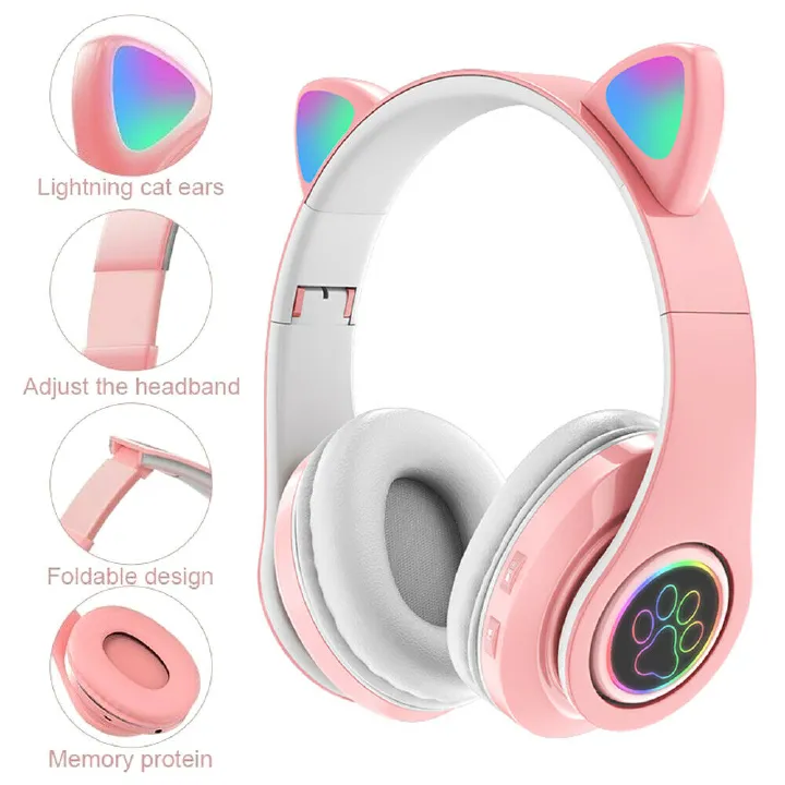 LED Cat Ears Wireless Headphones Bluetooth Earbuds with Mic TF FM Kid Girl Stereo Music Headset Phone Earphones