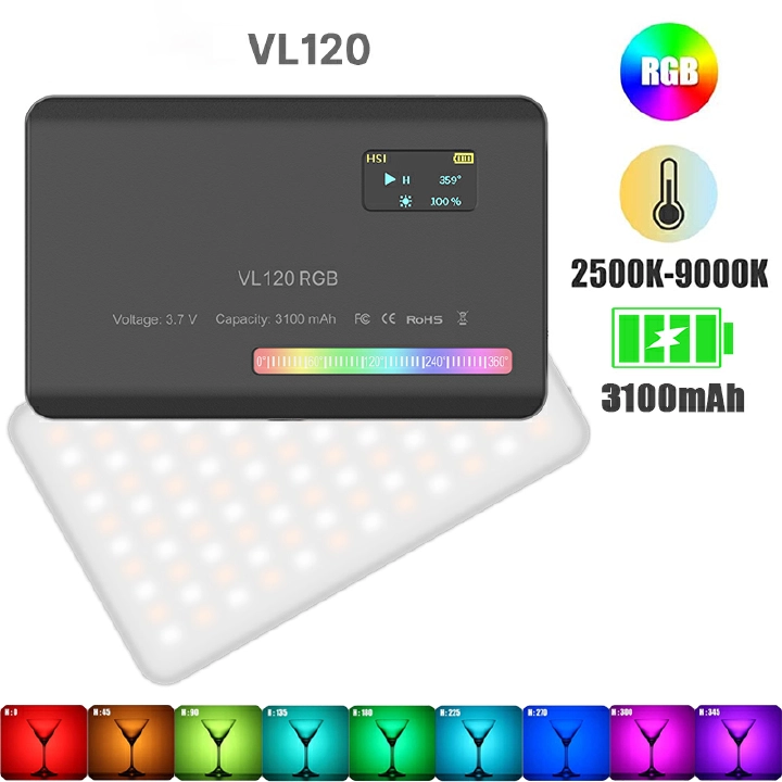 VL120 RGB LED Video Light Camera Light Full Color Rechargeable 3100mAh Dimmable 2500-9000K Panel Light Photo Studio Lamp