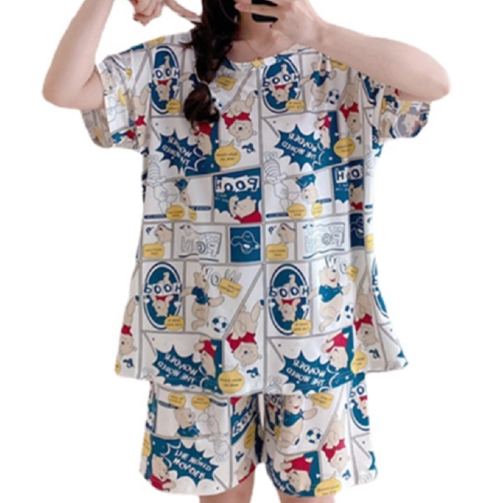 Pajamas Women's Short-sleeved Thin 2-piece Suit (Short-Sleeved T-Shirt + Shorts), Plus Size New Cartoon Home Clothes, Outer Wear Short-Sleeved Clothing