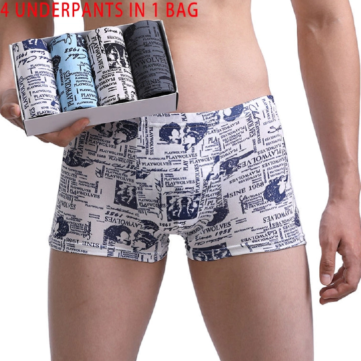 4 pieces Men's Underwear, Printed Seamless Mid-waist Large Size Breathable Boxer Briefs, Leggings Men, Shorts