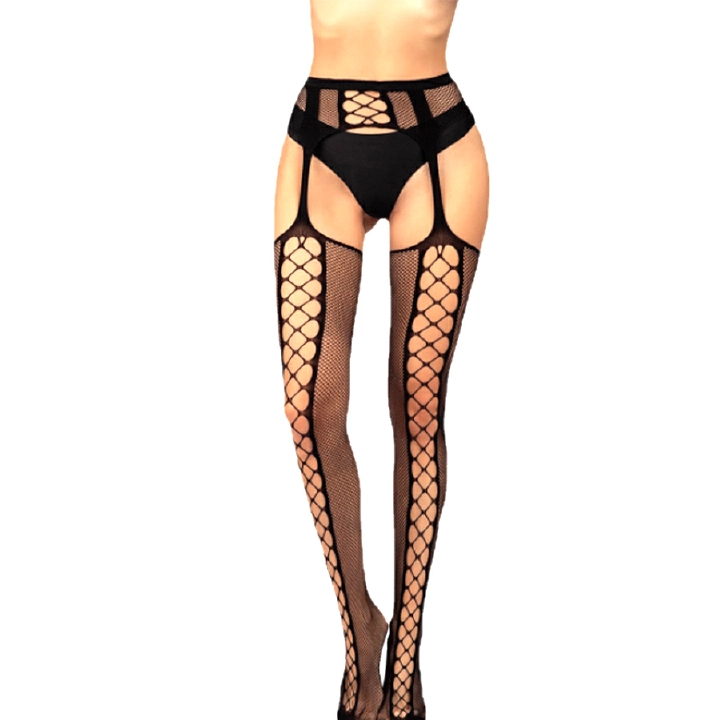 European and American popular open crotch lace transparent sling fishnet stockings black silk sexy fishnet stockings non-slip one-piece garter belt female Black