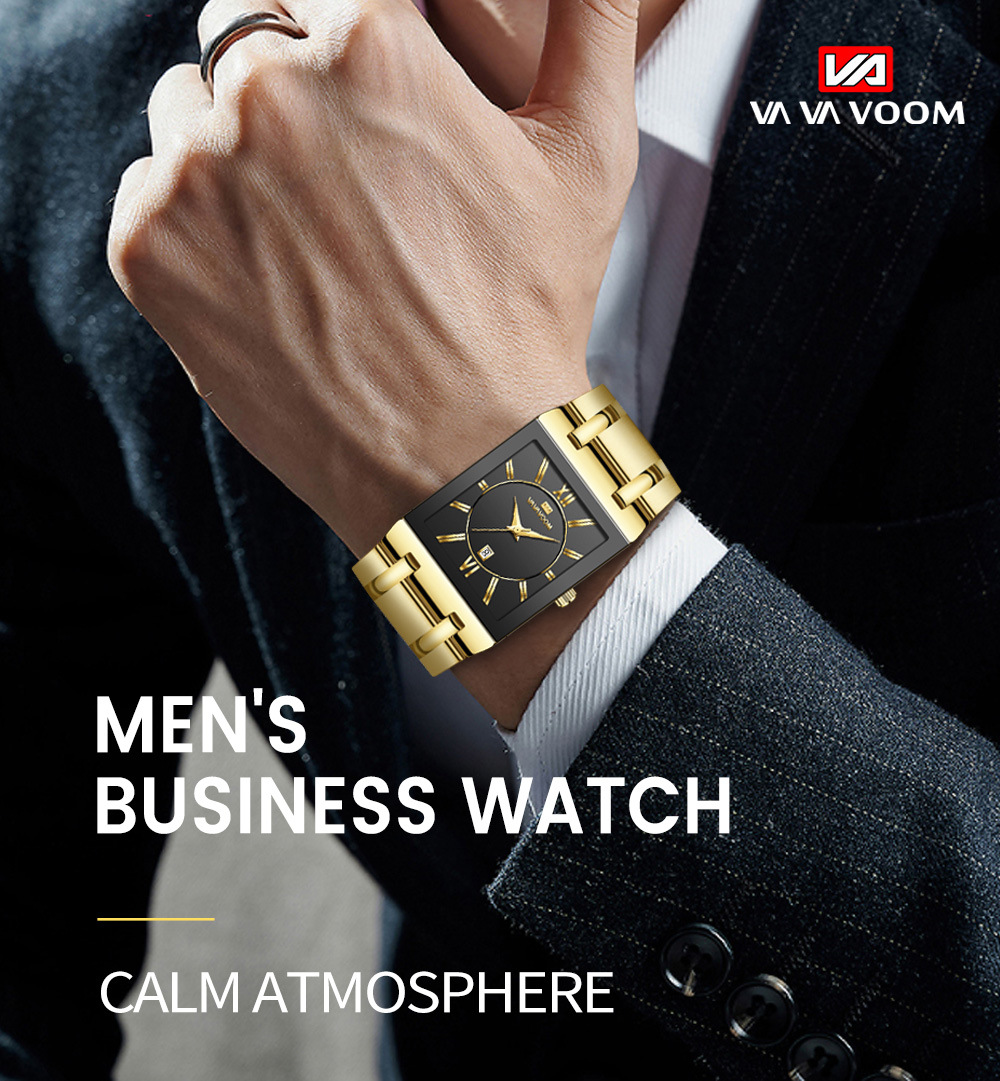 VA VA VOOM brand non-automatic mechanical square men's steel band watches business calendar quartz waterproof watch men watche watchs watched