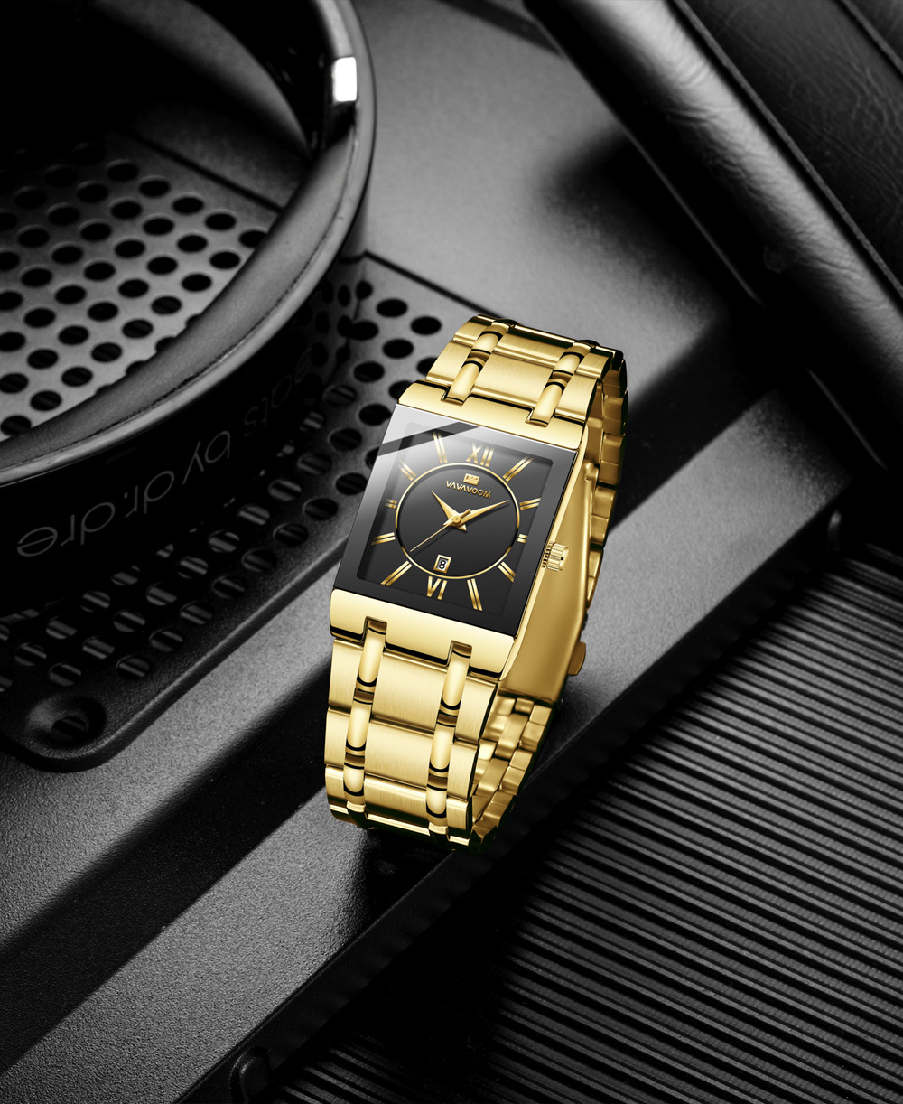 VA VA VOOM brand non-automatic mechanical square men's steel band watches business calendar quartz waterproof watch men watche watchs watched