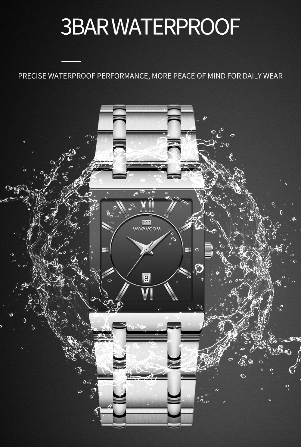 VA VA VOOM brand non-automatic mechanical square men's steel band watches business calendar quartz waterproof watch men watche watchs watched