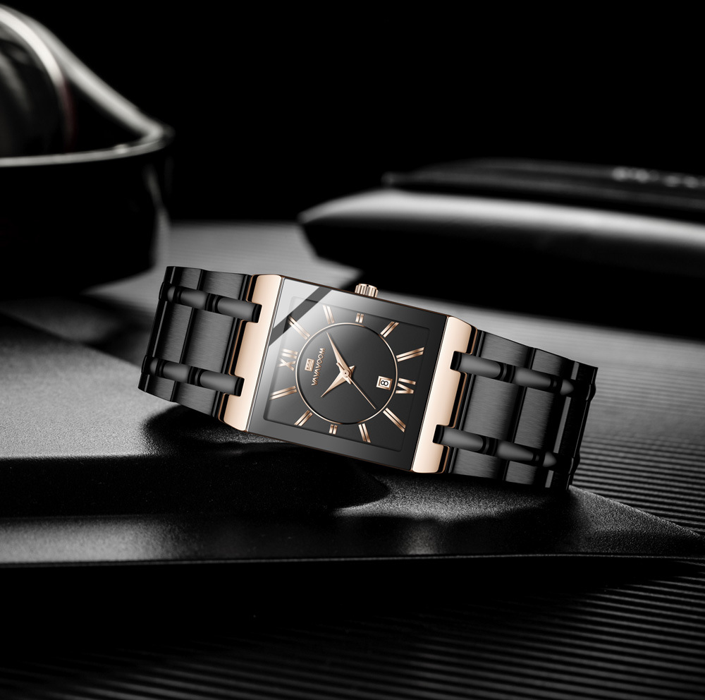 VA VA VOOM brand non-automatic mechanical square men's steel band watches business calendar quartz waterproof watch men watche watchs watched