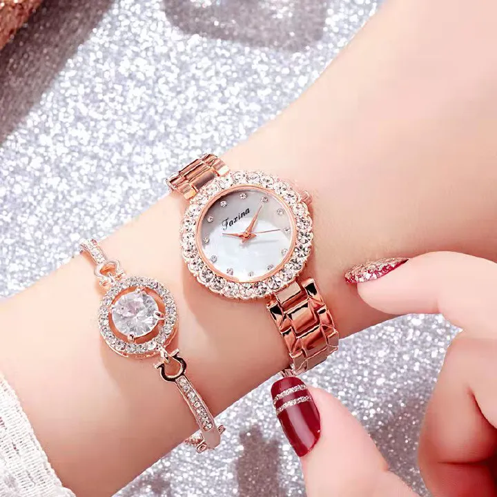 2 Pcs Faxina Brand Luxury Bracelet Watches Ladies Set For Women Fashion Geometric Bangle Quartz Clock Ladies Wrist Watch Female Watchs For Girl