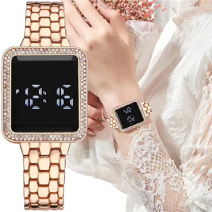 Square diamond inlaid led simple steel band watches touch wrist watch for man and women casual fashion trend electronic watchs