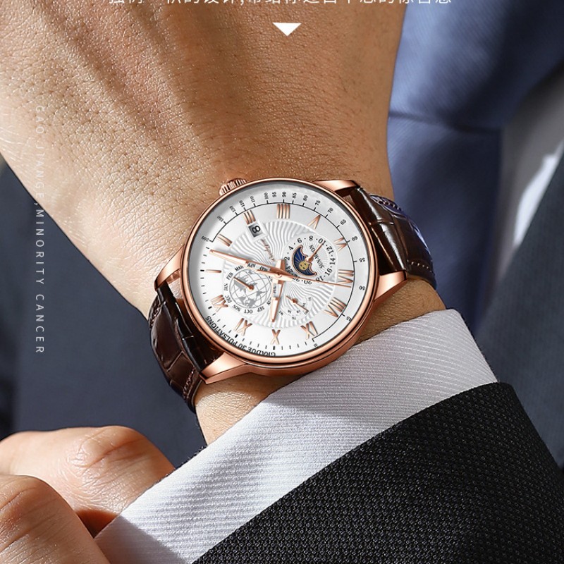 Men Watches Top Brand Original Luxury Luminous Waterproof Sport Quartz Male Wristwatch Moon Phase Leather Strap Wrist Watch