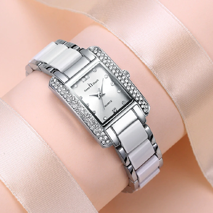 Fashio women's square watches steel band diamond inlaid waterproof quartz watchs