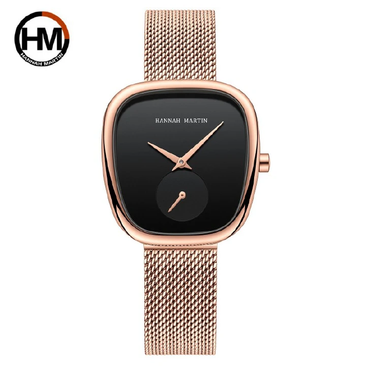 Hannah Martin Brand Fine Steel Milan Mesh Belt Women's Watches Fashion Quartz Watche For Women Creative Two Needle Half Barrel Design Waterproof Ladies Watchs