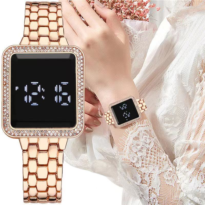 Square diamond inlaid led simple steel band watches touch wrist watch for man and women casual fashion trend electronic watchs rose gold as picturerose gold,as picture