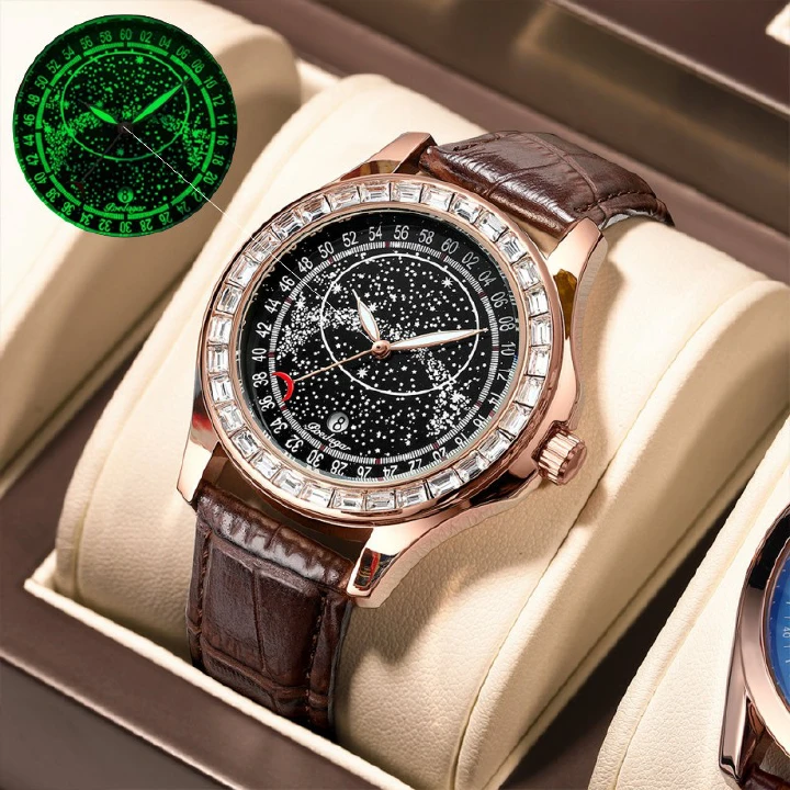 New fashion men's watches waterproof luminous belt quartz watchs for men watche with the stars and moon