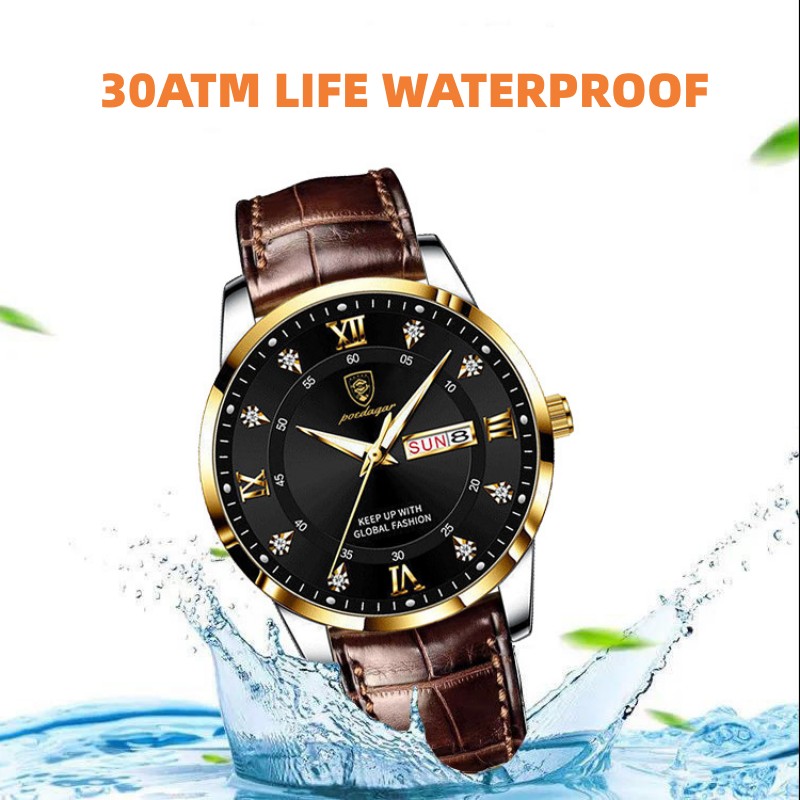 POEDAGAR Brand Waterproof Luminous Watches  For Men and Women Double Calendar Ultra thin Quartz Wrist Watchs Leather Band Student Watche