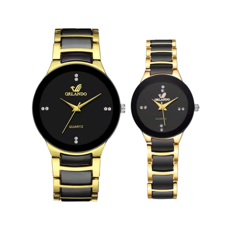 2Pcs/set High-end couple stainless steel watches men's business simple watches ladies fashion fashion watches male and female student watches for men and women Black 2 pcs/setBlack