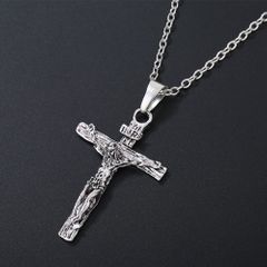 French Rocker Johnny Hallyday Guitar Cross Pendant Necklace Stainless Steel Floating Locket Christian Crucifix Men Jewelry Gift Silver one size