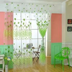Charm Tulip Flower Yarn Sheer Window Curtain Beads Tassel Door Scarf Drapes For Bedroom Decor Green 100*270cm/Panel
