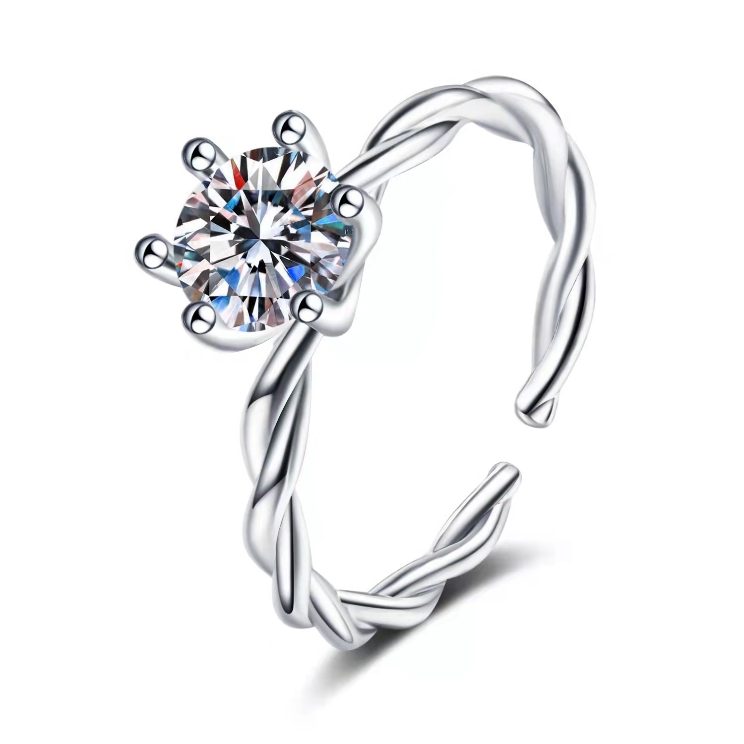 Amazon Hot Sale Fashion Classic Style Six Prong Large Diamond Jewelry Women's Classic Wedding Engagement Ring Gift Silver White Gold Free Size Brand MM