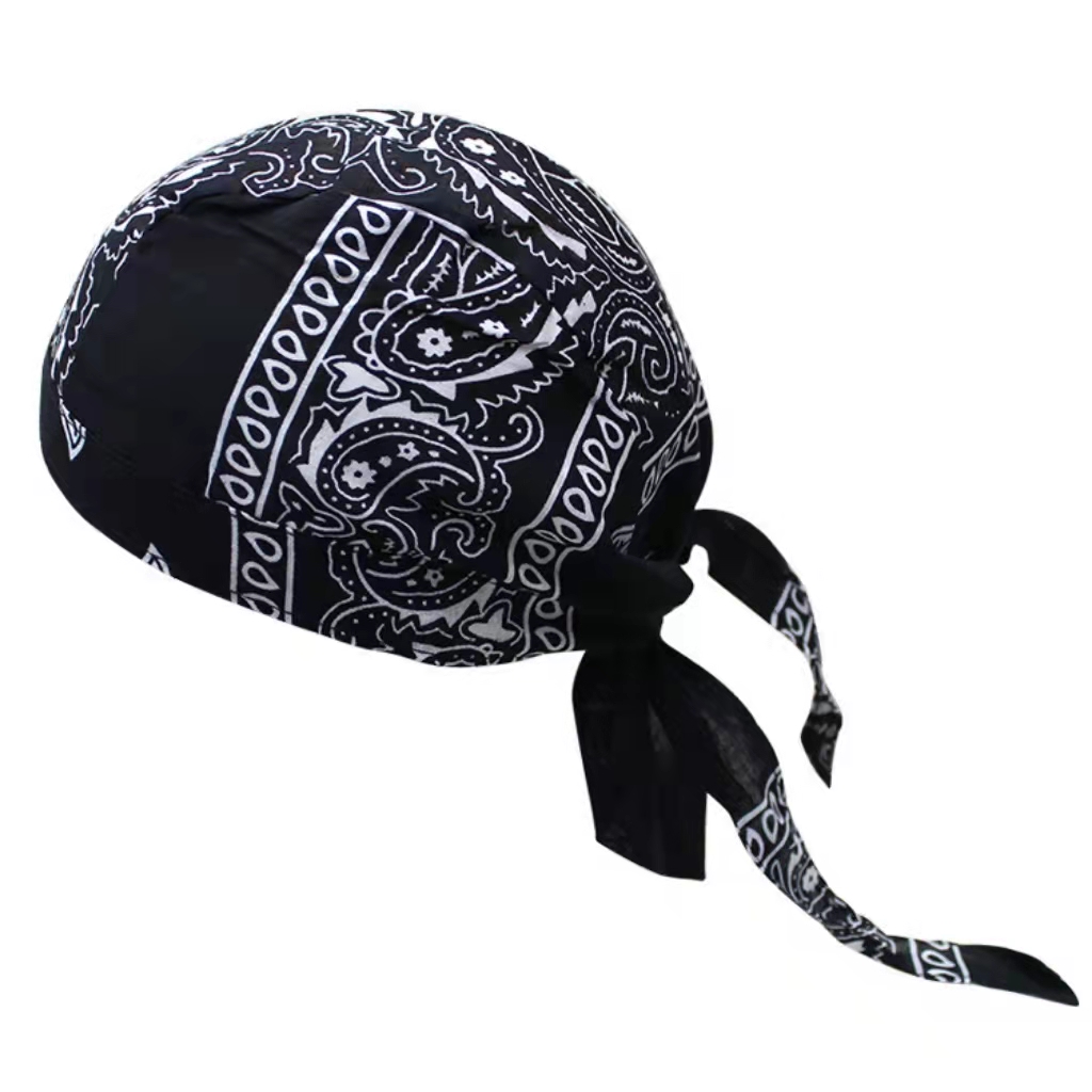 New European and American outdoor riding pirate hat cotton print multicolor hip-hop headscarf black rapper hat durag Brand MM Black,FREE SIZE