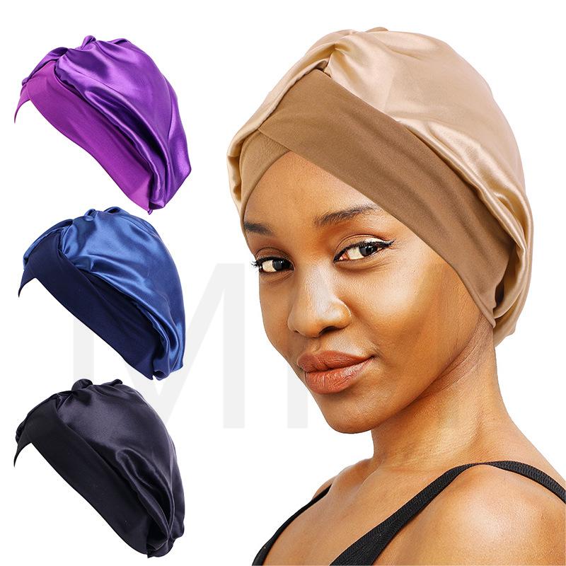 Hot sale Solid Color Cross Elastic Bandana Hat Wide Brim Satin Nightcap Hair Care Satin Headscarf HatWrap Silk Cap Fashion Head Scarf Headwear Brand MM JDT-337B