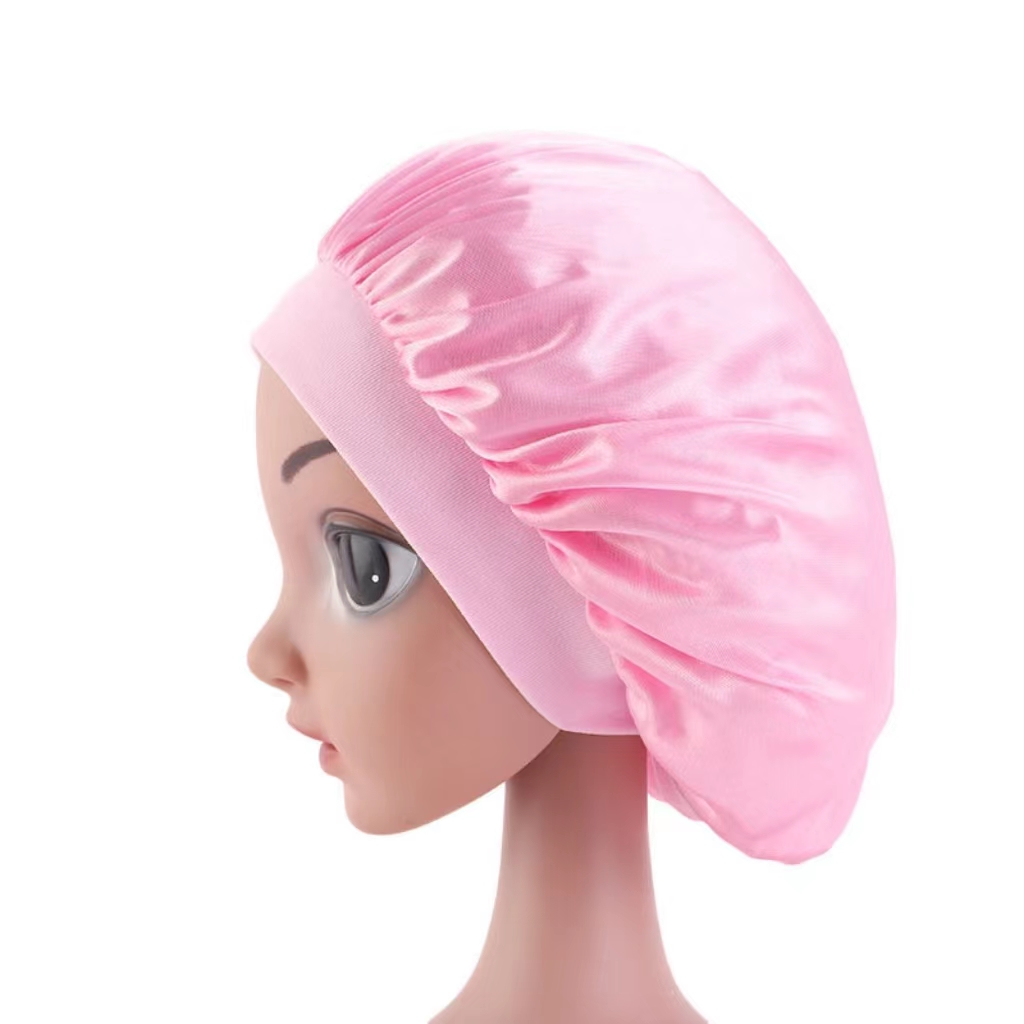 Hot selling beautiful kids fashion nightcap  Wide brim elastic hair cap satin bonnet