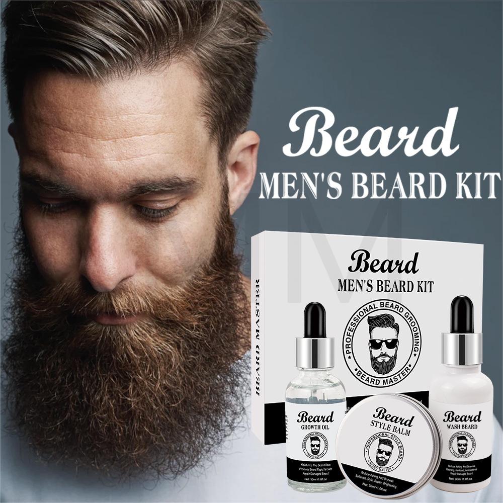 Hot Sale MM New Beard Growth and Fast Hair Growth Oil Hairy Facial Beard Care Kit Men Beard Moisturizing Anti-Frizz Beard Styling Kit 3PCS/Set