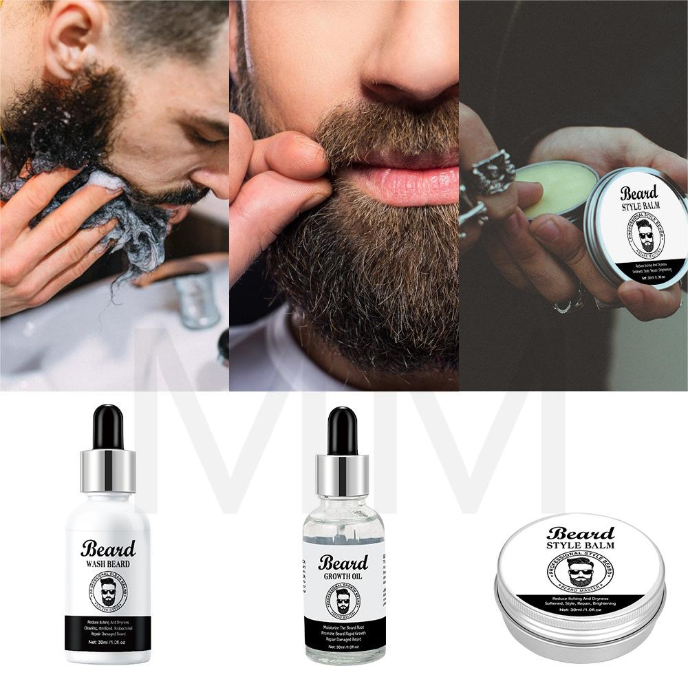 Hot Sale MM New Beard Growth and Fast Hair Growth Oil Hairy Facial Beard Care Kit Men Beard Moisturizing Anti-Frizz Beard Styling Kit 3PCS/Set