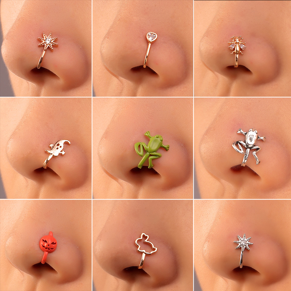 Women Rabbit Non-perforated Nose Clips Personality Retro Copper Set Nose Rings Zircon U-shaped Nose Nails Adjustable Piercing Jewelry for Girls Ladies