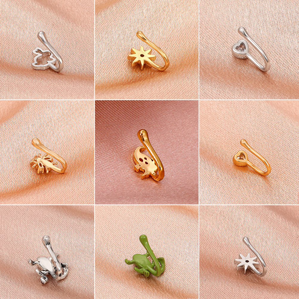 Women Rabbit Non-perforated Nose Clips Personality Retro Copper Set Nose Rings Zircon U-shaped Nose Nails Adjustable Piercing Jewelry for Girls Ladies