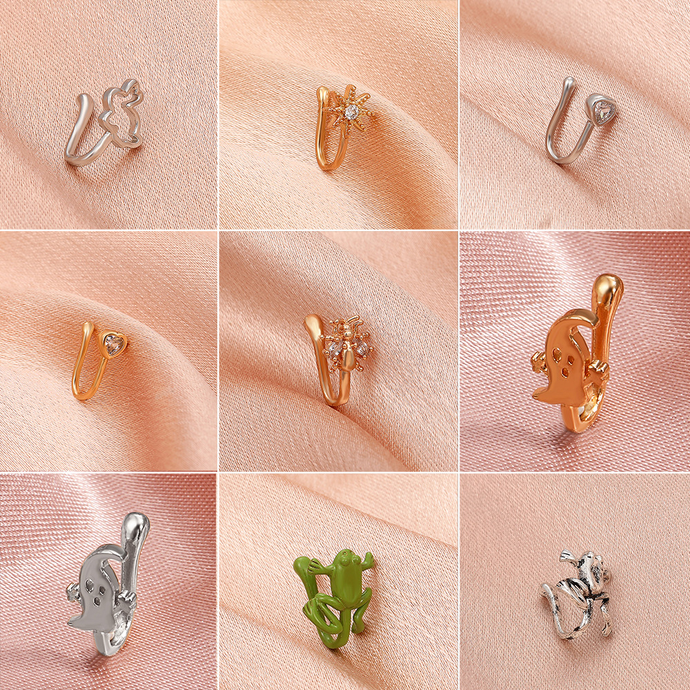 Women Rabbit Non-perforated Nose Clips Personality Retro Copper Set Nose Rings Zircon U-shaped Nose Nails Adjustable Piercing Jewelry for Girls Ladies