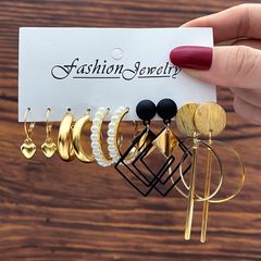 5 Pairs Vintage Pearl Earrings Set Metal Gold Color Dangle Earrings Heart Hoop Earrings Geometric Fashion Jewelry Trendy Gifts YZZ-HS554-1