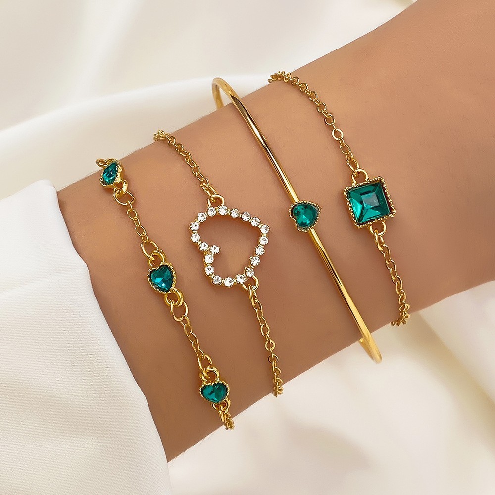 Green Gemstone Bracelets for Women Stackable Heart Bracelet Vintage Chain Link Adjustable Gold Bangle Set Jewelry Gift for Girls