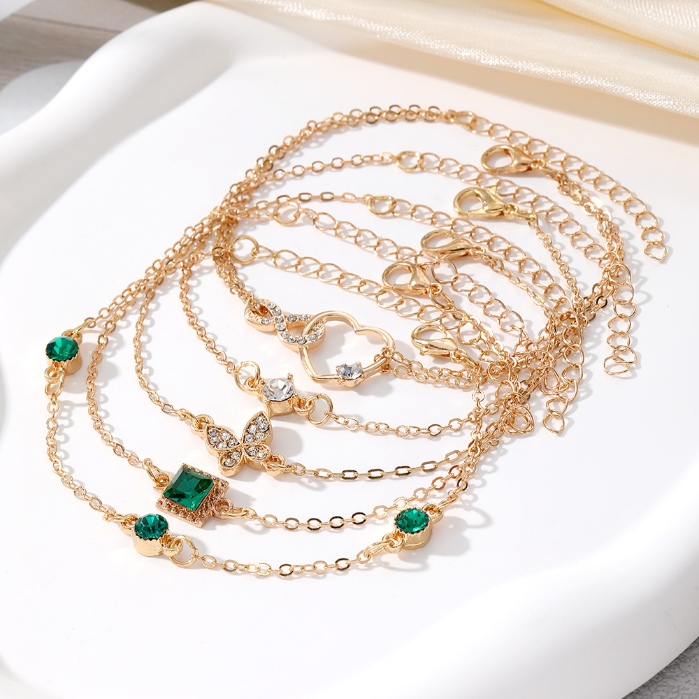 Green Gemstone Bracelets for Women Stackable Heart Bracelet Vintage Chain Link Adjustable Gold Bangle Set Jewelry Gift for Girls