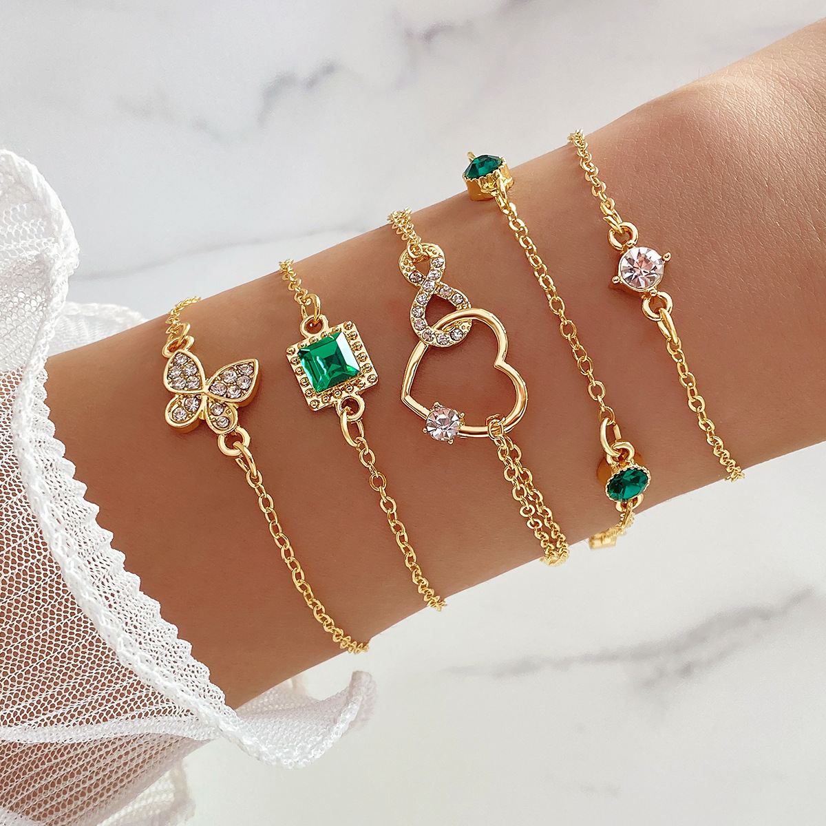 Green Gemstone Bracelets for Women Stackable Heart Bracelet Vintage Chain Link Adjustable Gold Bangle Set Jewelry Gift for Girls