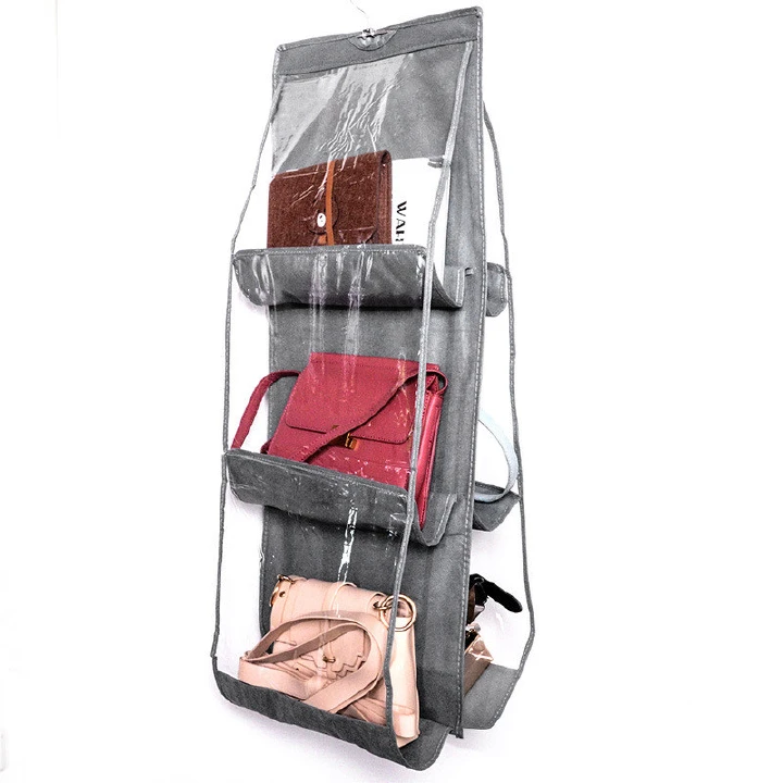 6 Pocket Hanging Handbag Organizer for Wardrobe Closet Transparent Storage Bag Door Wall Clear Sundry Shoe Bag with Hanger Pouch