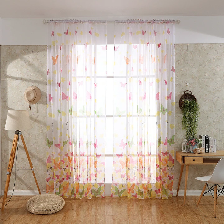 Butterflies Voile Curtains Divider Drape Panel Sheer Romantic Tulle Decoration Living Room Bedroom Kitchen Window Curtain