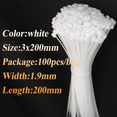 100pcs/bag cable tie Self-locking plastic nylon tie White Organiser Fasten Cable Wire Cable Zip Ties White 3*200
