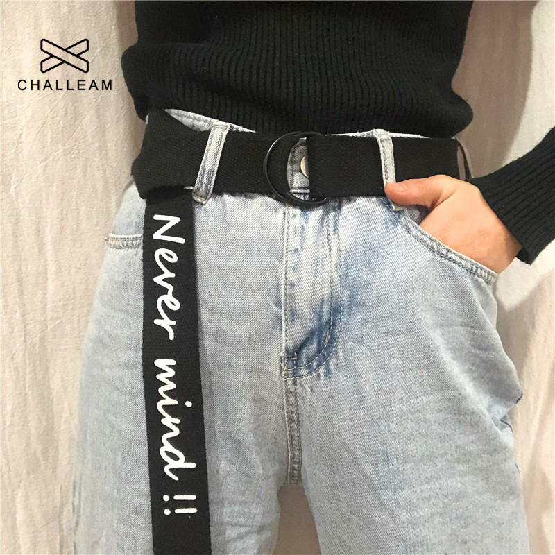 Canvas Belt Women Letters Printed Double D Ring Buckle Unisex Punk Male Long Harajuku Jeans Trouser Belts
